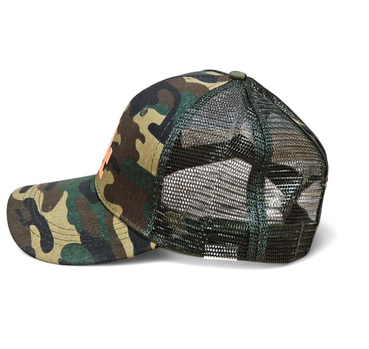 PONY CAPPELLO CAMIONISTA CODA DI CAVALLO MIMETICO VERDE CACCIA CON ARANCIONE FLOREALE "LA" OSFM NUOVO