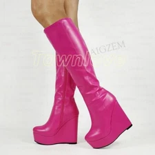 Women Knee High Boots Round Toe Full Zip Up Platform Wedges Height Increase Shoe