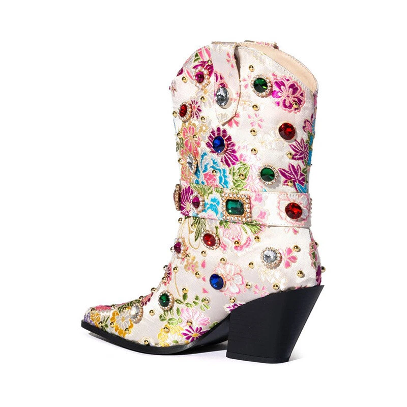 Botas étnicas para mujer punta gruesas tacón medio pantorrilla botas remaches estrás nuevas Foto 4 de 4