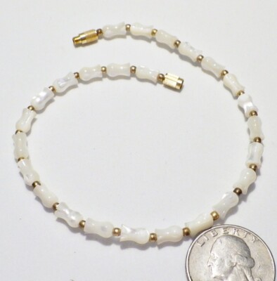 HTF Vintage Carved Mother of Pearl Hawaiian Tulip Pikake Bead Ankle Bracelet 10''