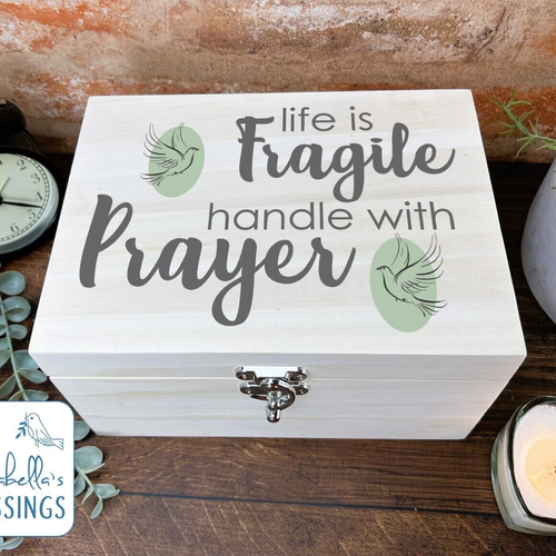 Beautiful Luxury Wooden Prayer Box - Life Is Fragile Handle With Prayer - Memory