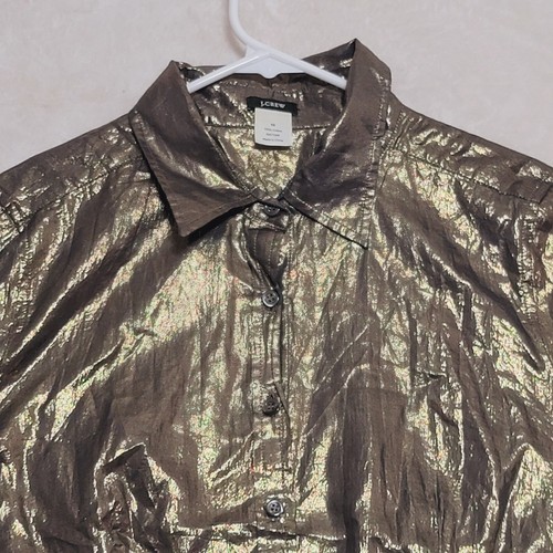 J. Crew Women's Shirt Size 10 Metallic Gold Cotton Button Down Shiny - Picture 2 of 9