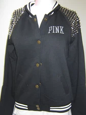 BLING Victoria Secret Pink STUD LOGO VARSITY BOMBER JACKET COAT SWEAT SHIRT M