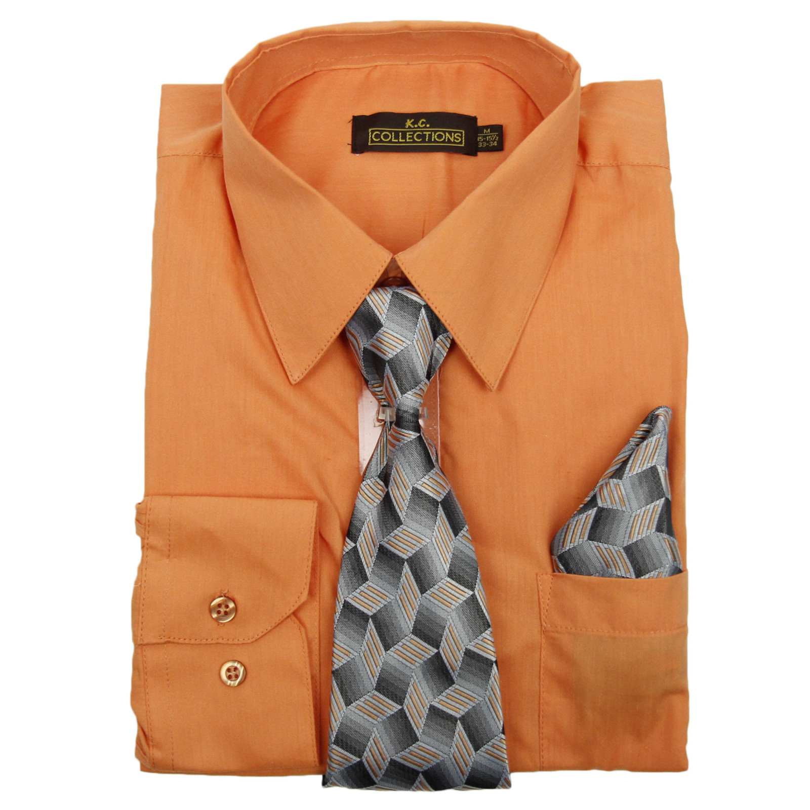 Men Orange Dress Shirt Long Sleeve with Matching Tie & Hankie Sizes S