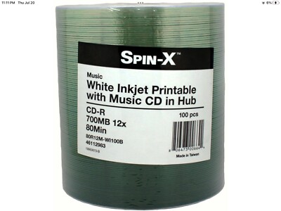 100-PK Spin-X Digital Audio CD-R DA Music White Inkjet Printable Blank Disc