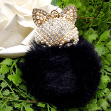 Kitty Cat Pom Pom Keychain Rhinestones Faux Fur Purse Charm 6" Black Crystal v3