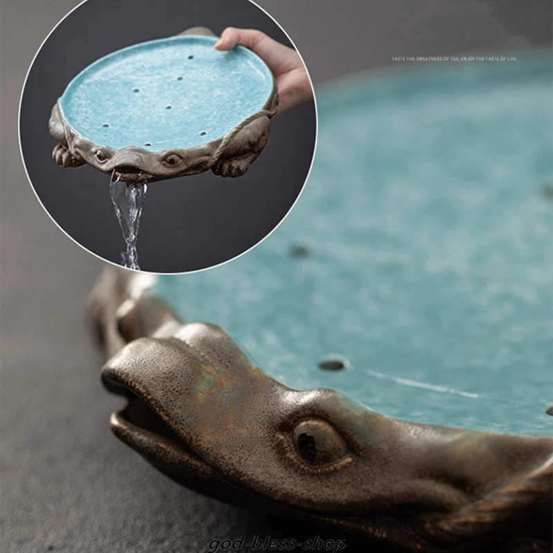 10.2" Tea Pot Pottery Frog Statue Pot Mat Reservoir Tray Plate Creative Collect - Image 4 of 4