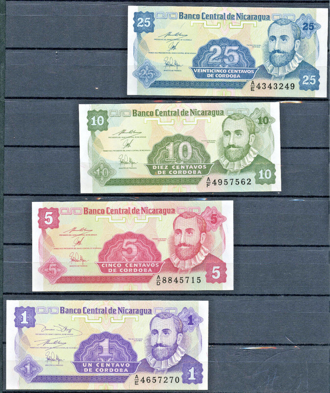 NICARAGUA SET OF 4 UNCIRCULATED BANK NOTES, 1-25 CENTAVOS