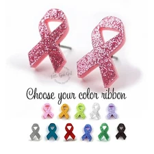 Cancer Awareness Ribbon Stud Earrings Stainless Steel Titanium Support Jewelry