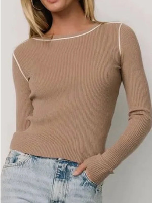Vero Moda Kara Ribbed Scoop-Neck Sweater in Light Tan /Cream Trim NWT Sz Large 