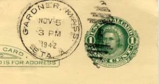 Massachusetts Gardner Sta. A 1942 numeral duplex  DPO  Postal card  Philatelic.