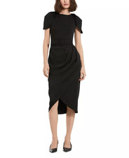 Mac Duggal Black Crepe Boat Neck Midi Tulip Dress With Belt in Black US 12 $298