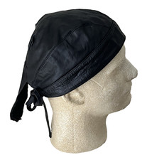 VINTAGE 1991 BLACK LEATHER DOO RAG SKULL CAP HAT MEN'S WOMENS OS ONE SIZE