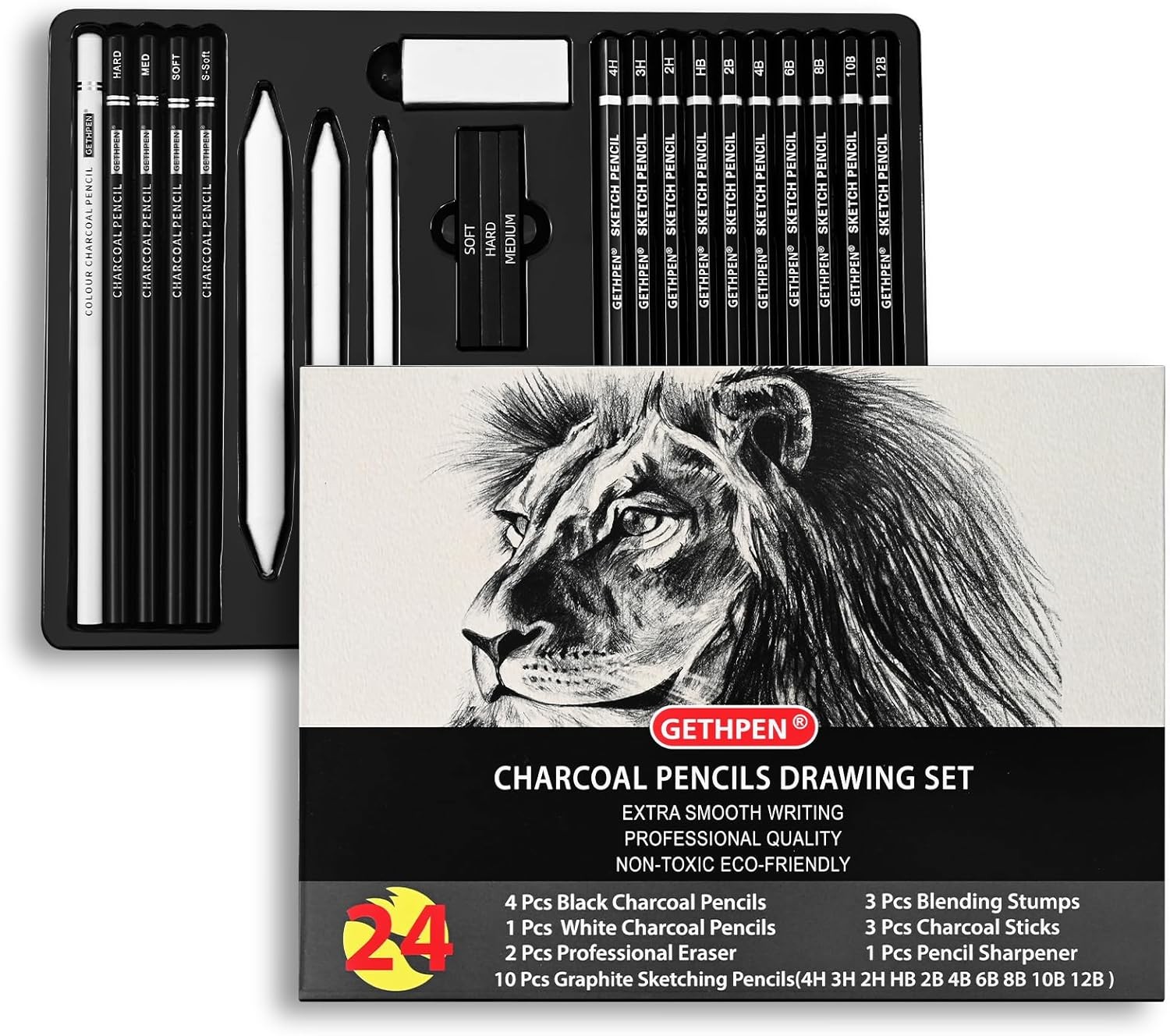 Set, 24 Piece Pro Artist Sketch Kit - Graphite Pencils