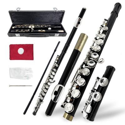Black C Key 16 Hole Flute Closed Hole Nickel Plated Flute with Case, Accessories