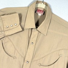 Vintage Levis Western Shirt Mens Large Pearl Snap Smile Pockets Retro Tan 70s