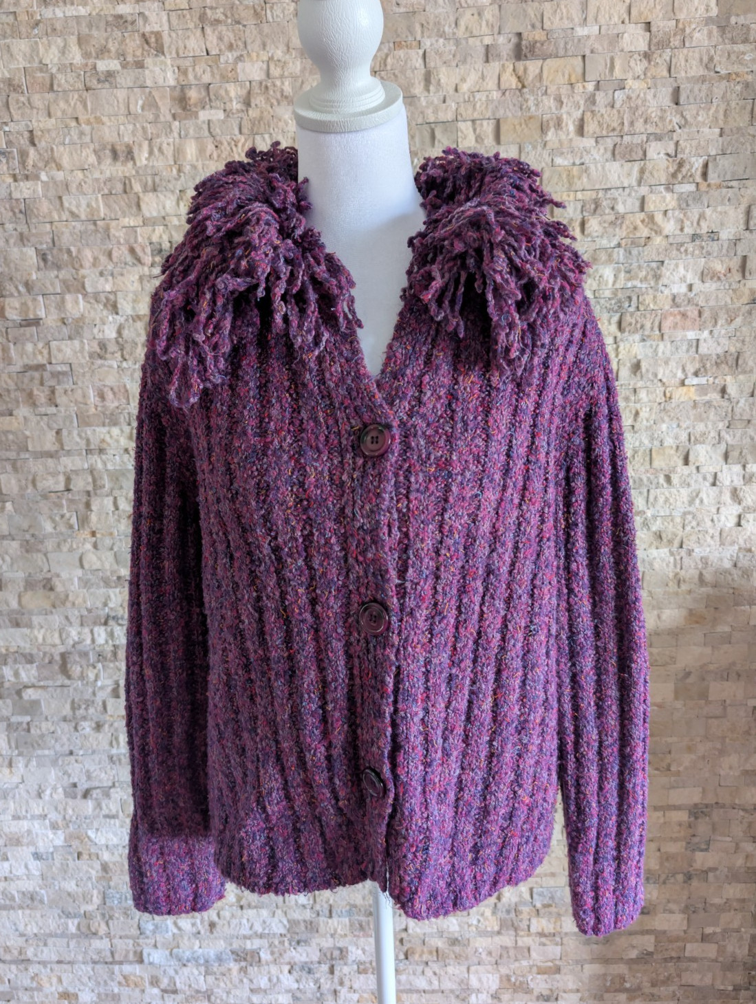 Retro Purple Marled Ribbed Cardigan Shaggy Fringe Loop Collar XL Quirky Kitsch