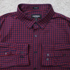 Express Performance Shirt Mens Large 16-16 1/2 Red Plaid Extra Slim Stretch L/S