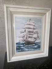 Vintage Handmade Nautical Ship Long-stitch Needlepoint Framed. . 26.5x22.5in.