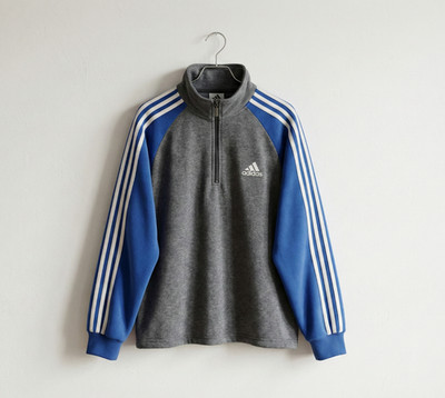 Vintage 90s Adidas Quarter Zip Pullover L Fleece 3 Stripe Blue Gray Retro Logo