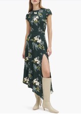Reformation Green Floral Midi Dress Size 4 Crew Neck Cap Sleeve Asymmetric Zip