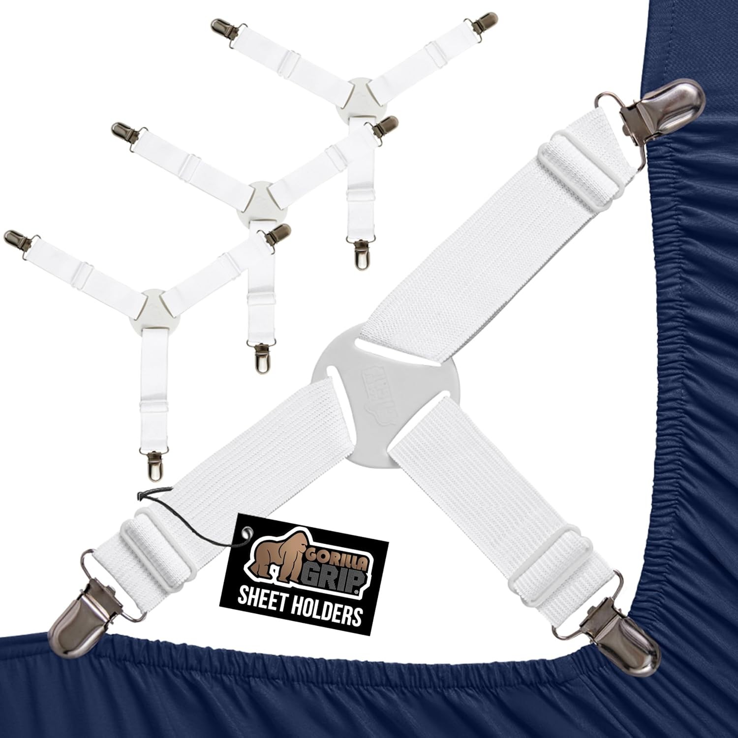 GORILLA GRIP Patent Pending Bed Sheet Holders, Adjustable Elastic White 