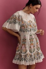 Farm Rio Sweet Bloom Dress Small Mini Bouquet Short Sleeve Eyelet Lace Garden