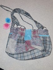 Cute Gray Tartan Fabric Handbag With Internal Zip Pocket And Pom Poms