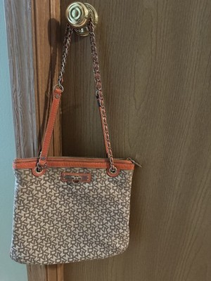 DKNY Monogram Shoulder Bag with Chain Strap Orange Leather Trim Zip Closure