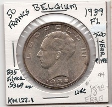 1939 50 Francs BELGIUM .5369oz Silver 2 Year Type World Coin UNC