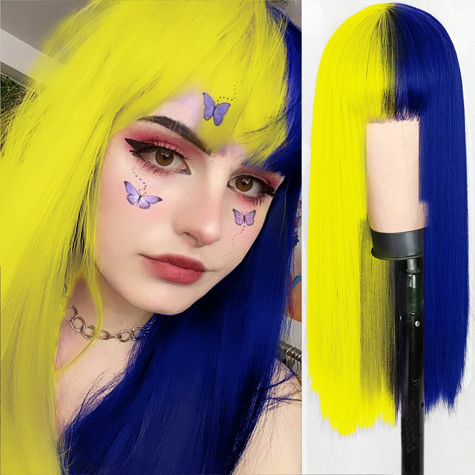 Long Synthetic Half Black Green / Yellow Blue / Orange Straight Wig