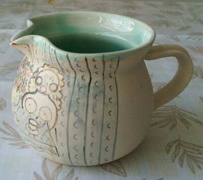 Ody Keramik - Designer Vase Krug Henkelkrug cremefarben / bemalt - Wie neu