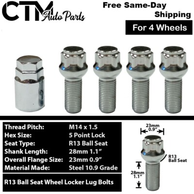 4x Chrome 14x1.5 Ball Seat Wheel Lock Bolt 28mm Shank Fit Volkswagen Stock Wheel