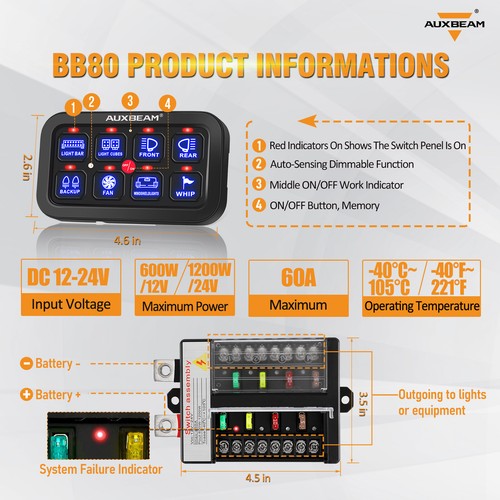 AUXBEAM BB80 8 Gang On-Off Switch Panel Automatic Dimmable For Can-Am Maverick - Picture 4 of 12