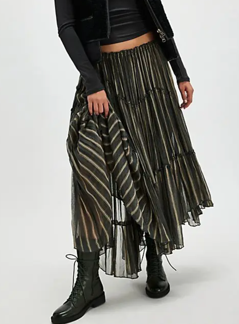 NEW FREE PEOPLE FP ONE STORM CLOUD STRIPE EMBER PRINTED MIDI SKIRT