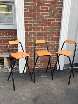 Vintage Set of 1990s IKEA Dennis Folding Postmodern Bar Stools Wood  Metal