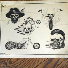 Spaulding  Rogers Tattoo Flash Sheet K8 Skulls Chopper Motorcycle Designs