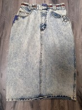Vintage Gitano Acid Wash Denim Midi Skirt Multicolor Aztec Tribal Size 12 Modest