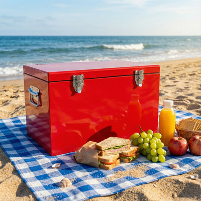 20L Red Metal Ice Chest Insulated Leak-Proof Beach Cooler Outdoor Picnic for DIY