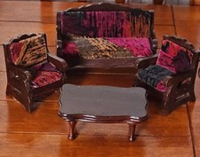 Vtg  Wood Dollhouse Living Room Furniture Sofa 2 Armchairs Coffee Table Big Size