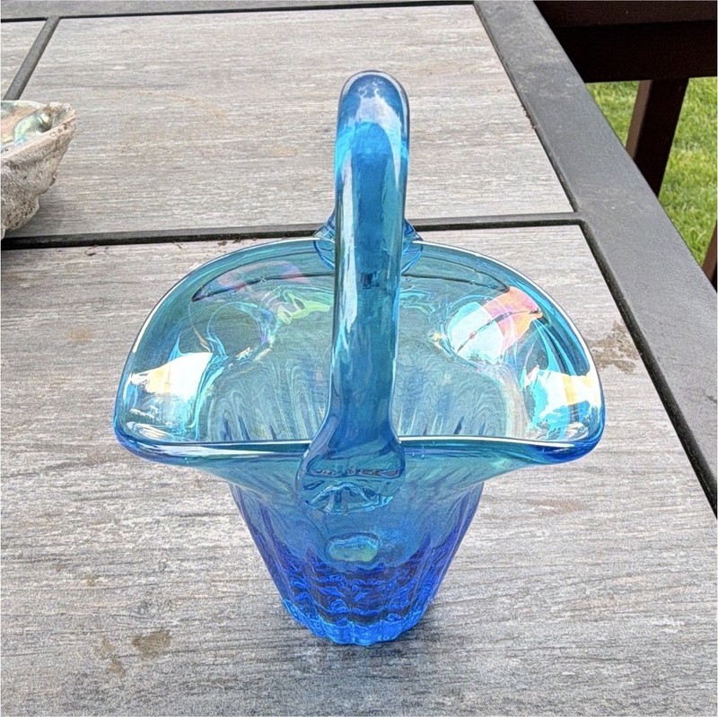 Vintage Blue Hand Blown Art Glass Decorative Basket w/Handles 4.25"x4.5"x6" Oval