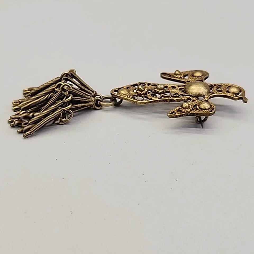 Broche de águila vintage relleno de oro filigrana borla broche en C artesanal antiguo 3,5" Foto 4 de 4