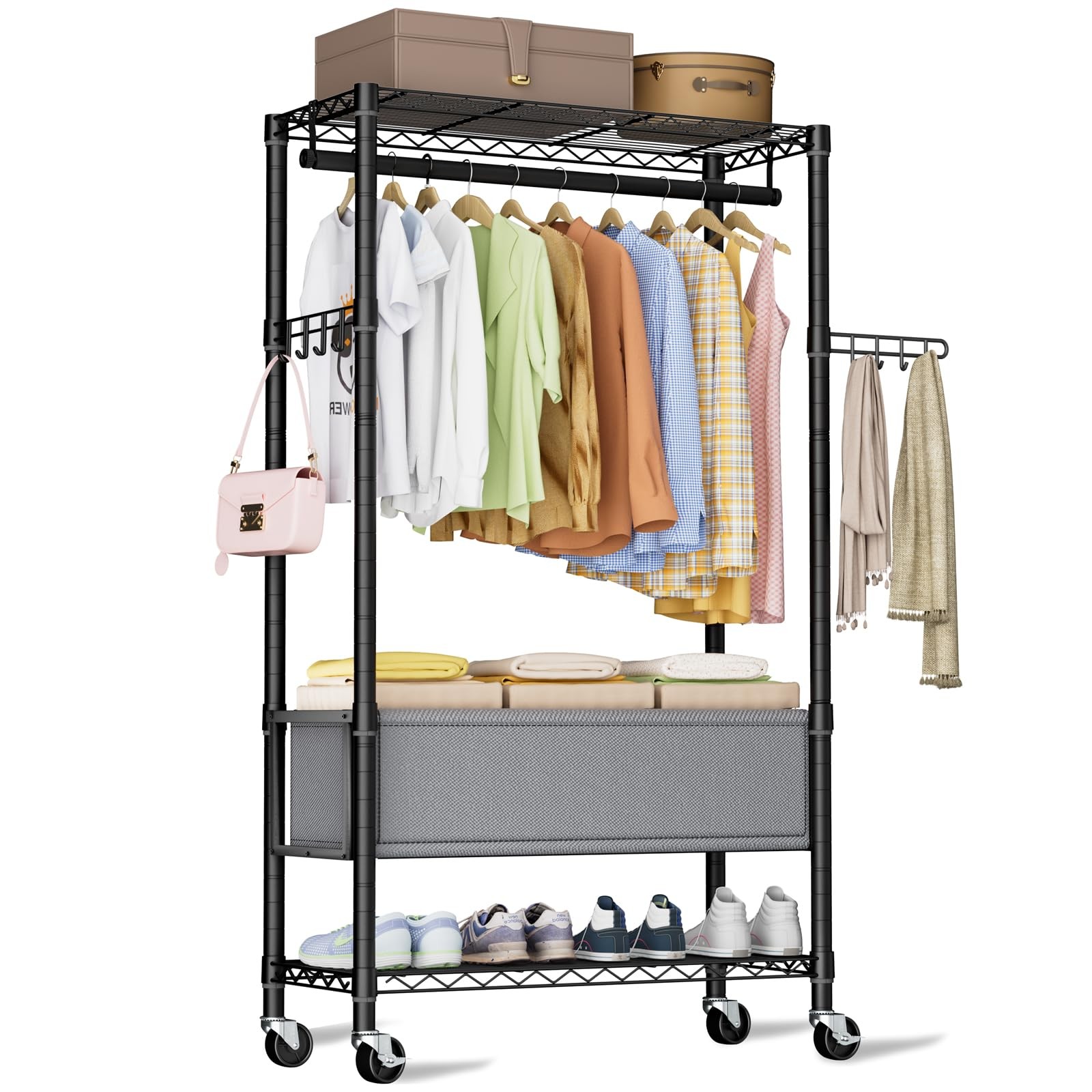 Heavy Duty 3-Tier Rolling Clothes Rack With Removable Storage Basket-image