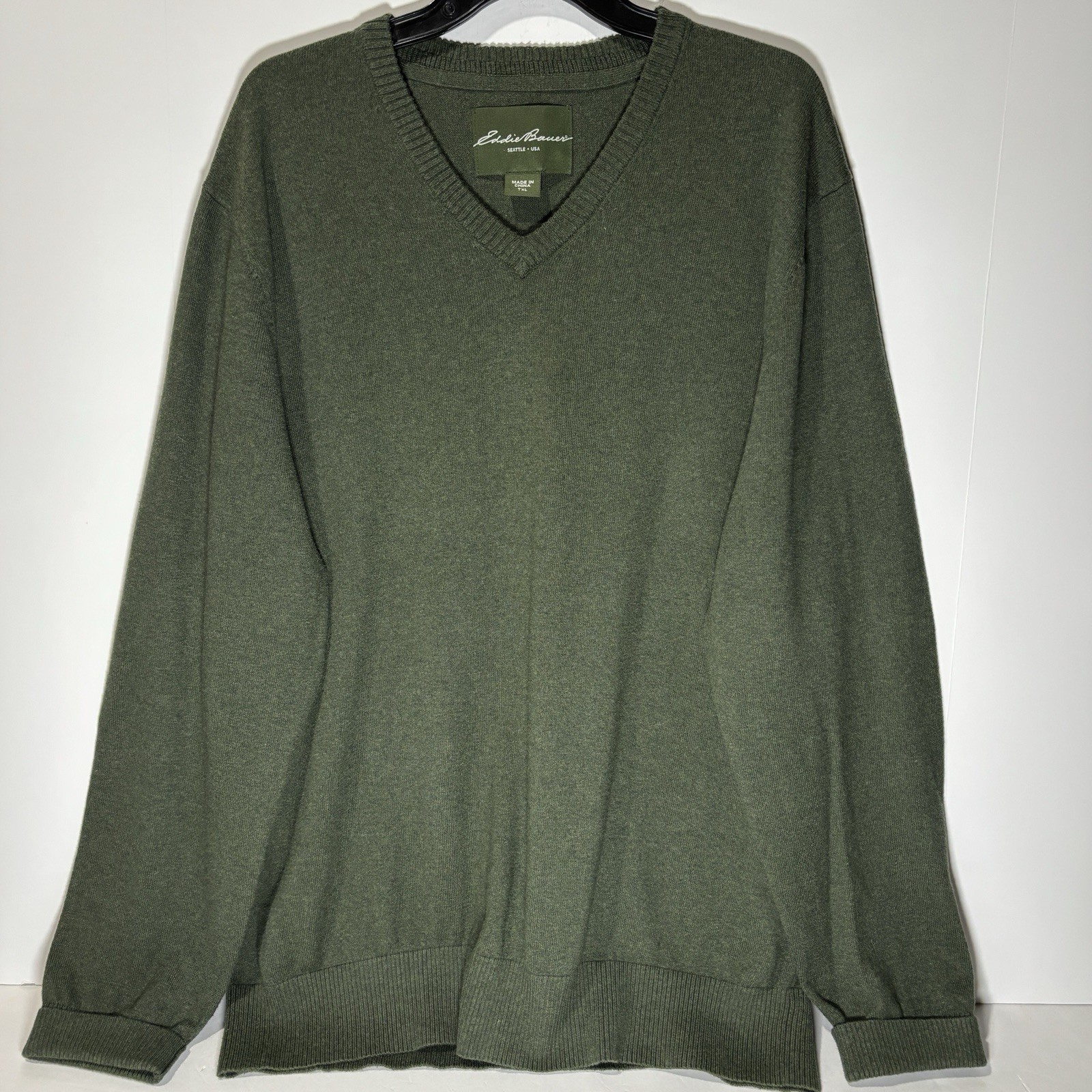 EDDIE BAUER Sweater Men Sz TXL Green Cotton & Cashmere Outdoor Party V-Neck