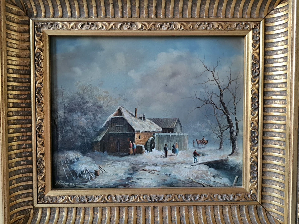 Ölgemälde Winterlandschaft Wassermühle Hof sign. Breuer Barockrahmen Holzplatte - Bild 2 von 4