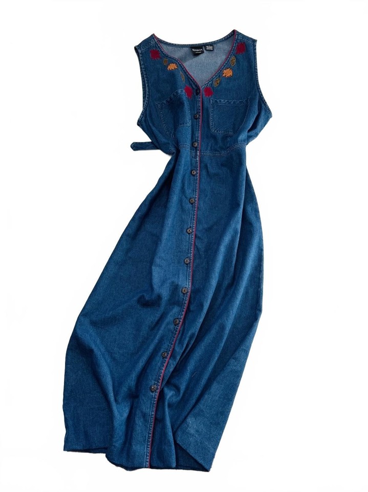 Vintage Blue Denim Embroidered Maxi Dress Autumn