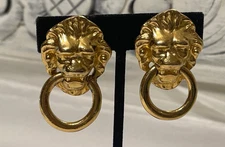 Vintage Kenneth Lane KJL  Lion Head Door Knocker Gold Tone Clip Earrings Signed