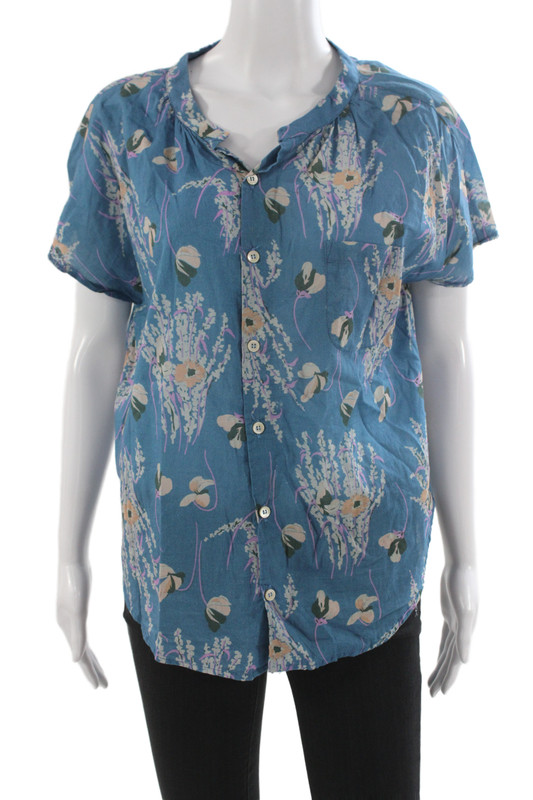 Bsbee Women Basic Blue Floral Button-Up Collared Cotton Short Sleeve Size XS