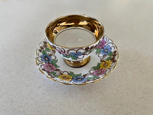 Vtg 50s ROSINA Fine China England Pink Yellow FLOWER Set Cup & Saucer  GOLD