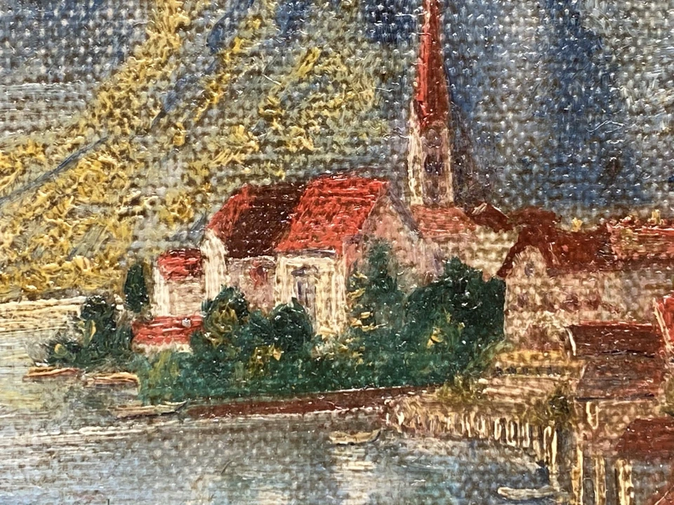 Kleines Gemälde. Blick auf Hallstatt , See und Dachstein. Mit Rahmen 15x22 cm. - Bild 4 von 4